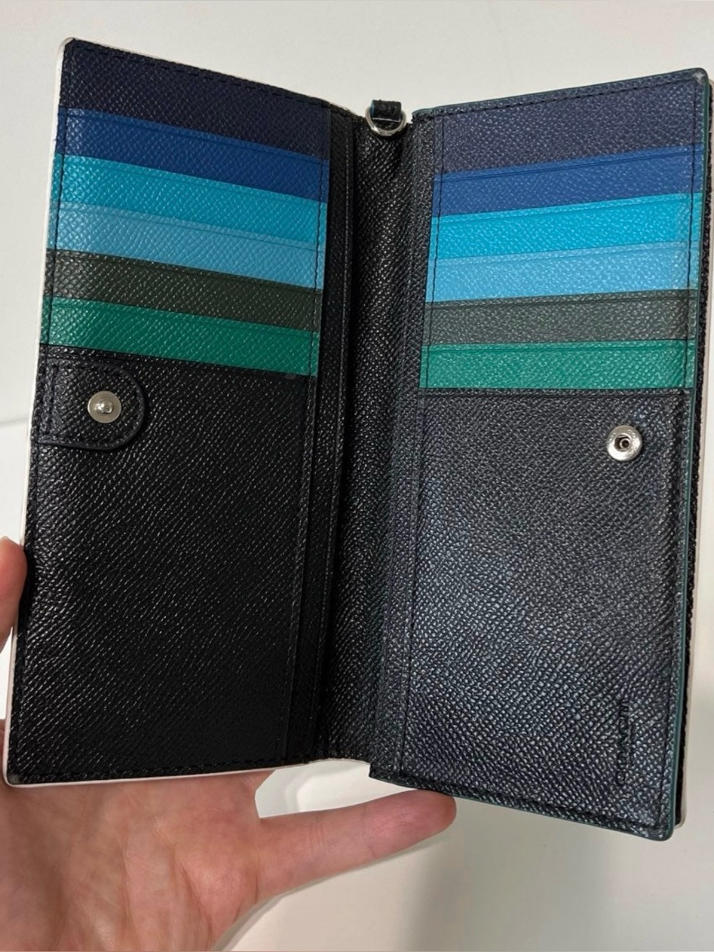 Coach Tricolor Edgestain Slim Wallet in Black/Green/Blue